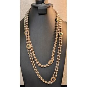 Vtg Multi-Strand Faux Pearl Colored Glass Medallion Designer Look 58" Necklace